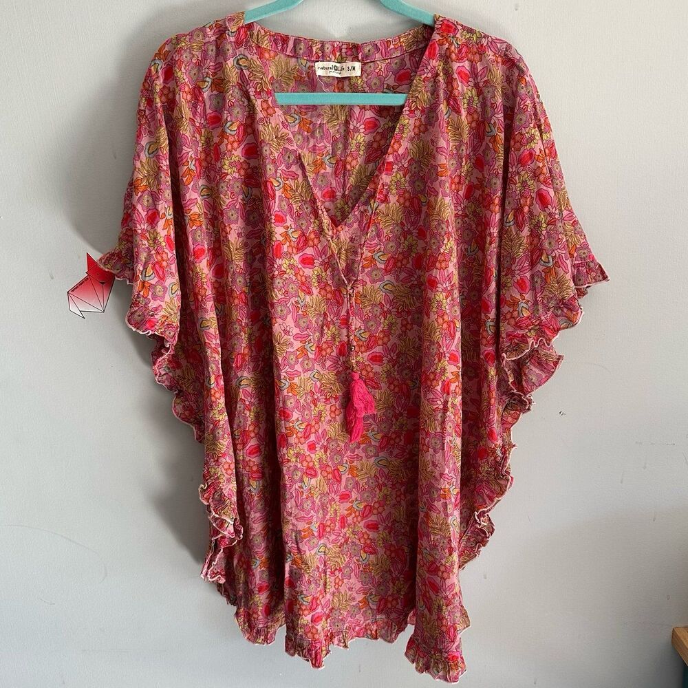 Natural Life Boho Pink Multicolored Floral Print Ruffle Poncho Kaftan Cover-up